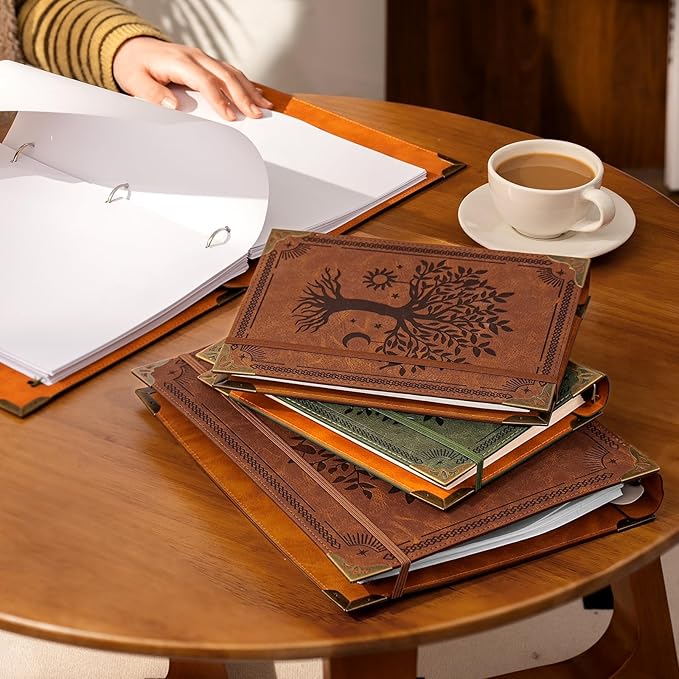 Ovesmusl Leather 3 Ring Binder Fits 8.5"x11" Letter Size Paper, 1 Inch Round Ring Binder Holds 200 Sheets, Notepad Paper Cover Loose Leaf Organizer, Brown Tree