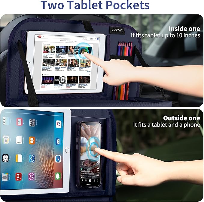 LUCMO Car Backseat Organizer with Tablet Holder, 6 Storage Pockets Car Storage Organizer with Foldable Food Tray, Seat Protectors Kick Mats Travel Accessories - Dark Blue