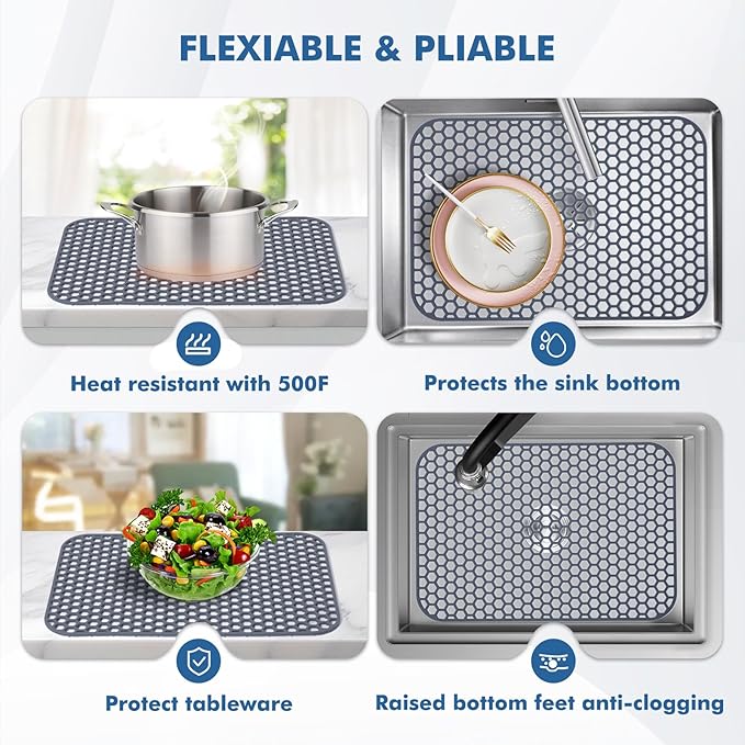Silicone Sink Protector for Kitchen Sink - 18.3''x12.5'' Kitchen Grid Accessory, Non-slip Heat Resistant Grid Dry Mat for Bottom of Porcelain Stainless Steel, Dishwasher Safe
