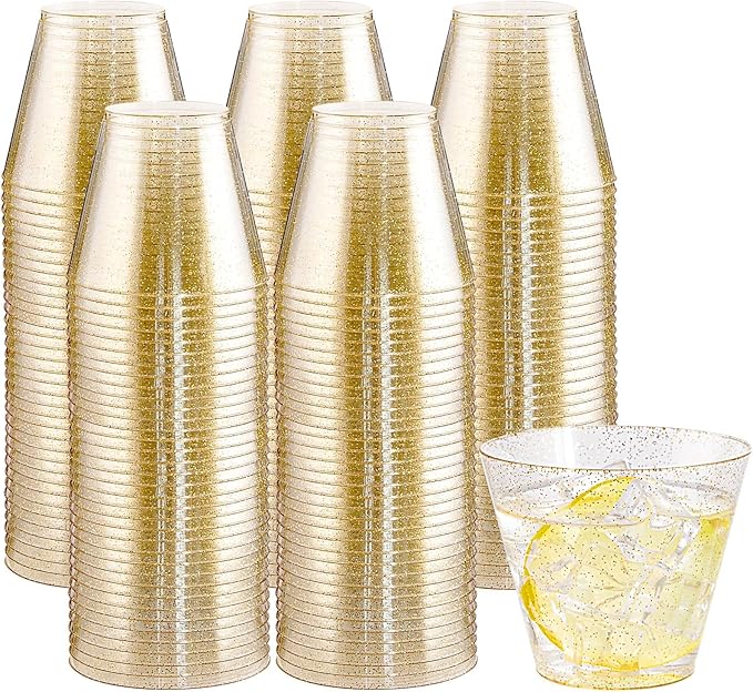 Hioasis 100Pcs 9OZ Gold Glitter Plastic Cups - Gold Plastic Cups, Heavy Duty & BPA-free for Party, Wedding, Celebrations
