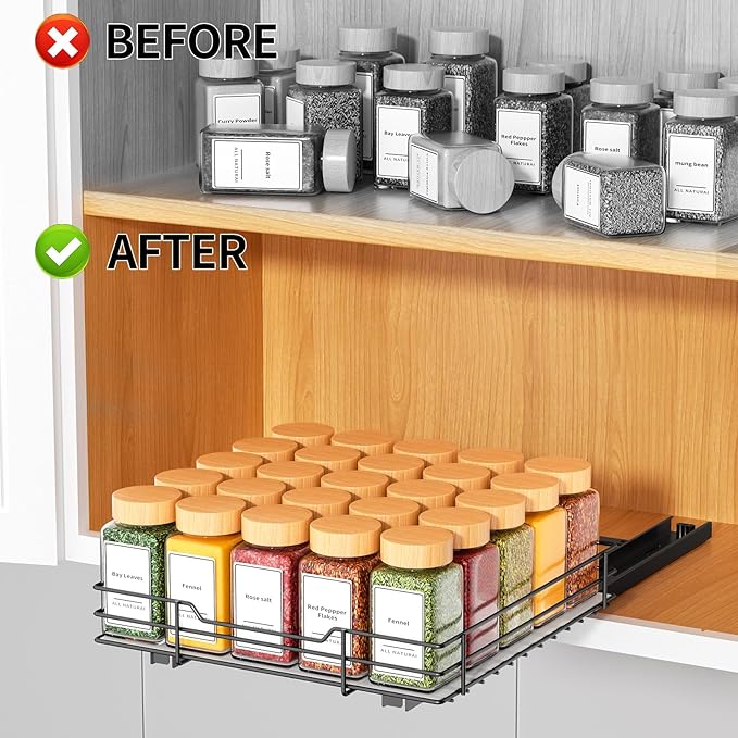 RCHYFEED Pull Out Spice Rack Organizer for Cabinet, Slide out Spice Organization for Inside Cabinets, Heavy Duty Seasoning Organizer Fits Kitchen and Pantry, Sauces, Canned (10.5''Wx10.5''Dx2.5''H)