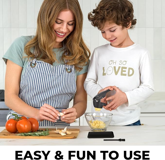 Zulay Kitchen Large Premium Garlic Press Set – Rust Proof & Dishwasher Safe, Bigger Bowl Garlic Mincer Tool with Silicone Garlic Peeler & Brush, Easy Squeeze & Clean, Ergonomic Handle - Black