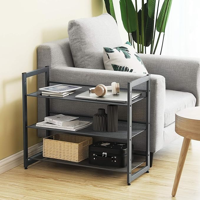 SONGMICS Shoe Rack, 3-Tier Shoe Organizer, Metal Shoe Storage for Garage, Stackable Shoe Shelf, with Adjustable Flat or Angled Shelves, 9-12 Pairs, Charcoal Grey ULMR03GB