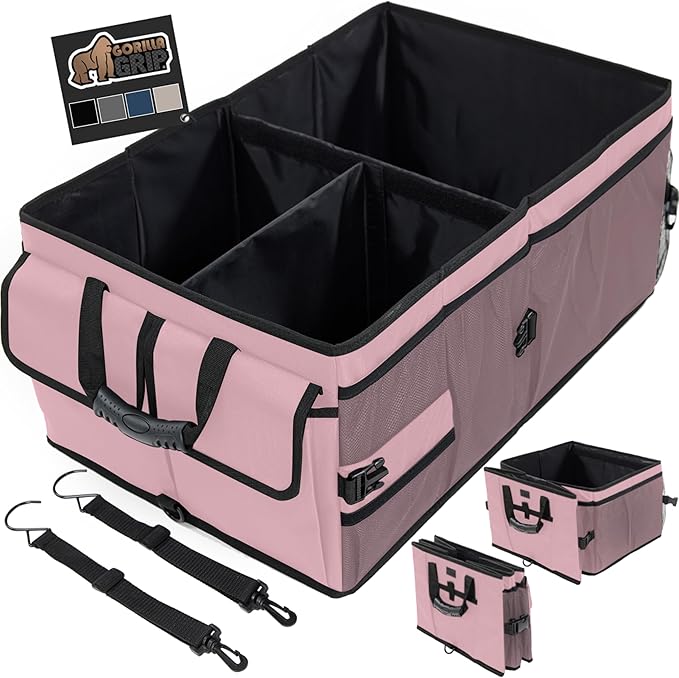 GORILLA GRIP Large Capacity Sturdy Trunk Storage Organizer, Slip and Water Resistant Collapsible Organization Container for Car Sedan or SUV, Multi Compartment Box Vehicle Accessories, Pink