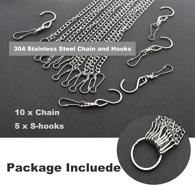 10 Pcs Fine Hanging Chain(1.2mm Dia.) Small Hang Bracket Decorative Replacement Link Chains Hooks for Sign Planter Bird Feeders,16 inch Long Stainless Chains and 5 Pcs Swivel S-Hooks