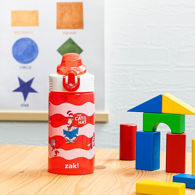 Zak Designs Dr. Seuss Sage Kids Water Bottle For School or Travel, 16oz Durable Plastic Water Bottle With Straw, Handle, and Leak-Proof, Pop-Up Spout Cover (The Cat in the Hat)