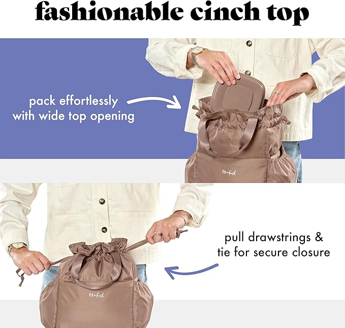 Fit & Fresh Cromwell Drawstring Lunch Bag for Women, Complete Lunch Set with 2 Containers, Stain-Resistant, Leak-Resistant, Back to School Essential, Teacher Lunchbox, Taupe