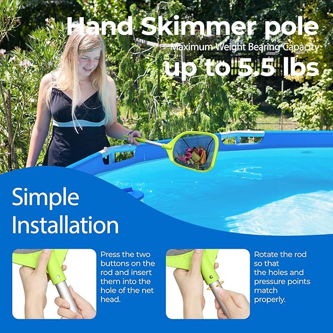 Mowend Pool Net Total Length 26.8 inches, Swimming Pool Skimmer Net with Aluminum Pole for Fast Cleaning Ponds, Hot Tub, and Spas, Pool Cleaner Supplies and Accessories