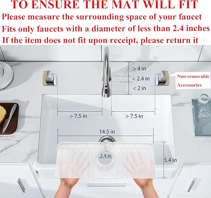 Sink Splash Guard 14.4” x 5.4” - Sink Faucet Mat with Faucet Water Catcher Mat & Soap Dish & Sponge Holder 3 in 1 - Silicone Faucet Handle Drip Catcher Tray for Kitchen RV & Bar Faucet, Clear