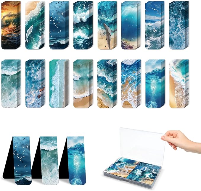 96 Pieces Magnetic Bookmarks Magnet Page Markers - Book Marks for Reading Women & Men with Storage Boxes - Cute Magnet Bookmark Clips for Reading Pleasure（Ocean）