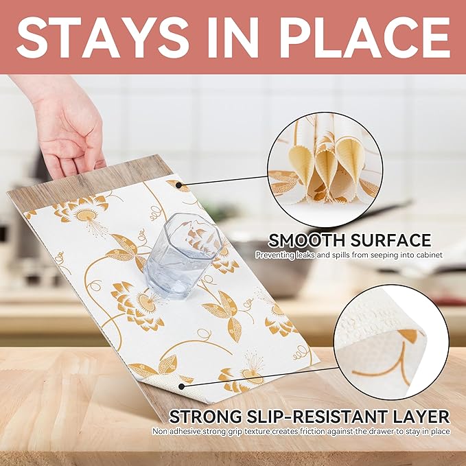 RAY STAR Shelf Liner, Non Adhesive Golden Leaves Floral Kitchen Cabinet Liner for Pantry Drawer, Strong Grip Non Slip Waterproof, Shelf Liners for Kitchen Cabinets Cupboard 12 Inch x 10 FT (2 Rolls)