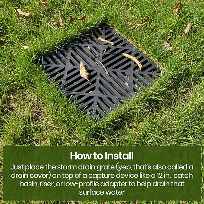 Calvana 2 Pack 12 Inch Catch Basin Drain Grate, Fiberglass Reinforced Polyethylene Square Drain Cover for Yard Patio Driveway Drainage, Black
