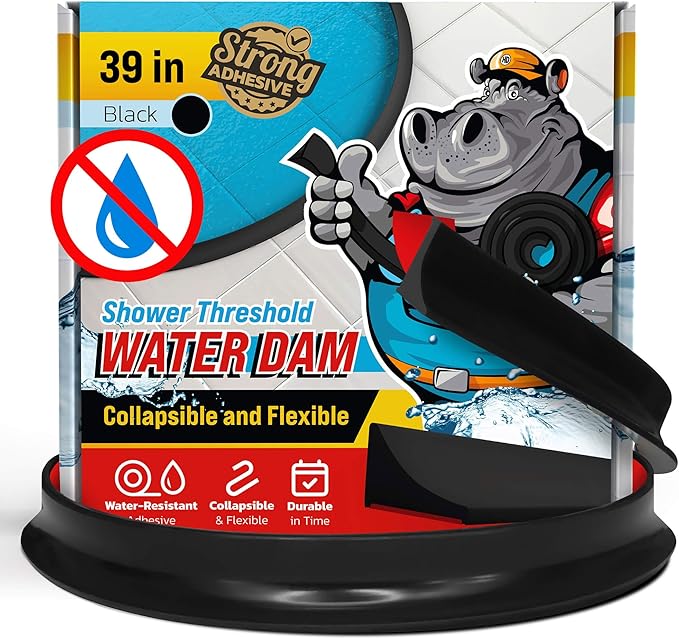 Shower Threshold Water Dam Barrier 39" - Black Collapsible Walk in Shower Water Guard - Door Bottom Seal Strip Leak Guard by Hippo Dam