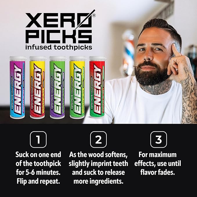 Xero Picks Energy Caffeine Flavored Toothpicks B12 for Focus & B6, 60 Picks (Pack of 5) (Variety Pack) Sugar-Free Alternative to Energy Mints & Gum - Kosher