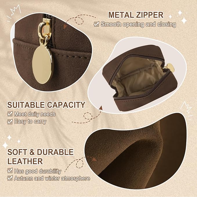 Waterproof Mini Makeup Bag for Purse,Small Cosmetic Pouch Suede Travel Toiletry Organizers Bag for Women Girls,Cute Zipper Preppy Coin Purse Sanitary Napkin Storage Bag for Work(Mini-Coffee)