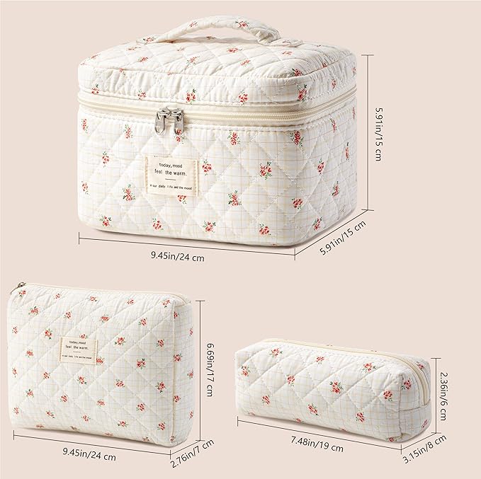 HBselect Quilted Makeup Bag, 3PCS Cotton Large Travel Makeup Bag, Cute Floral Coquette Make up Bag Cosmetic Bag Toiletry Bag for Women Girls
