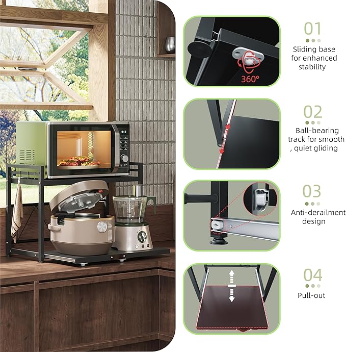 NETEL Expandable Microwave Stand,2 Tier Metal Kitchen Countertop Organizer Shelves with 8 Hooks,Bakers Rack,Pull-Out Microwave Shelf,55lbs Weight Capacity,Black