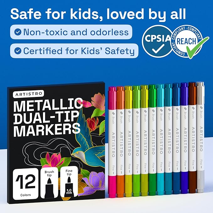 ARTISTRO 12 Metallic Acrylic Paint Markers - Paint Pens for Drawing, Brush + Fine Tips - For Fabric, Rock, Glass, Wood, DIY - Art & Craft Supplies for Adults, Teens, Kids - Teacher Appreciation Gift
