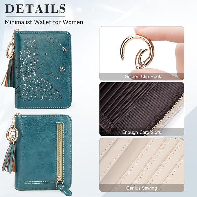 Women RFID Blocking Small Bifold Wallet, Compact Cash Clutch with Zipper Coin Pocket, Glittery Butterfly Design, Credit Card Holder, Travel Purse with Tassel PEACOCK-BLUE
