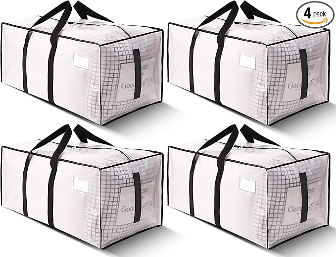 HOMESURE Supports 200lbs Heavy Duty Moving Bags - Strong Zipper & Wrap-Around Handles - Water-Resistant Storage Totes, Durable Alternative to Moving Boxes - 4 Pack - Semi-Transparent