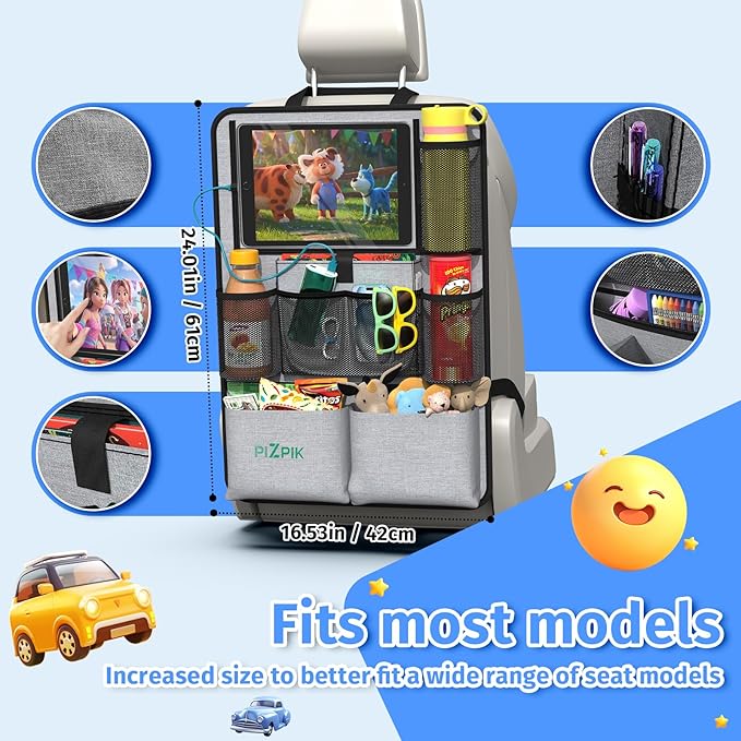 Car Backseat Organizer with Tablet Holder, 11 Storage Pockets with Foldable Food Tray, Protector Kick Mats for Kids, Travel Accessories Organizer (Gray, 2-Pack)