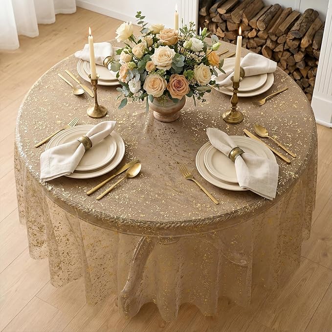 Horaldaily Coffee Gold Gauze Tablecloth 60x60 Inch Round, Golden Sequin Glitter Metallic Foil, Sheer Tulle Cheesecloth for Wedding Baby Shower Ceremony Birthday