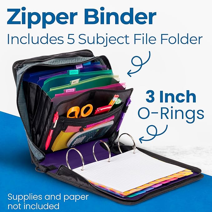 Case-it Mighty Zip Tab School Zipper Binder | 3-Inch O-Rings, 600-Sheet Capacity, 5-Subject Expanding File Folder, Multiple Pockets & Storage Organizer, Shoulder Strap | D-146 Purple Eclipse