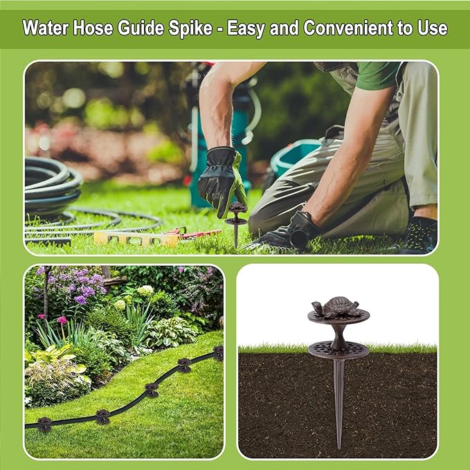 OwnMy Set of 2 Cast Iron Garden Hose Guide Stakes Heavy Duty, Decorative Garden Hose Guide Spikes for Lawn Yard Outside Plants Protection - Keeping Hoses Away from Flower Beds, Turtle Pattern