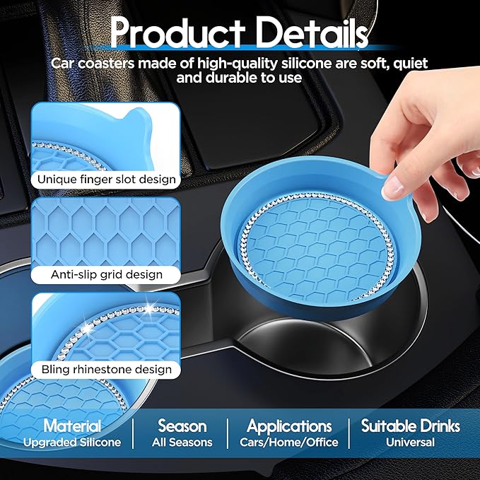 Amooca Car Cup Coaster Universal Non-Slip Cup Holders Bling Crystal Rhinestone Car Interior Accessories 4 Pack Light Blue