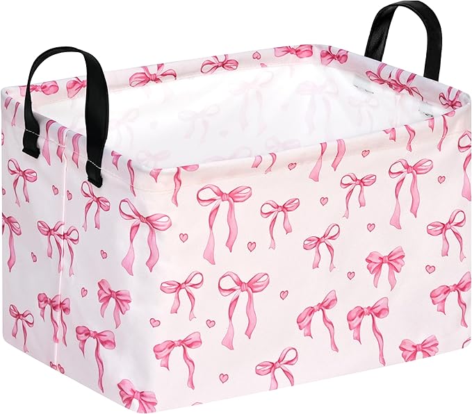 Rec Pink Bowknot Print Storage Box Clothes Hamper Basket Collapsible Organizer Bin Gift Shelf Baskets for Home and Kitchen Storage.