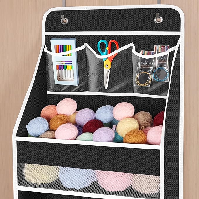 Univivi 6-Shelf Over Door Hanging Organizer Fabric Baby Door Storage with 5 Large Pockets and 3 Small PVC Pockets Wall Mount Hanging Storage Organizers for Baby Essential (Black)