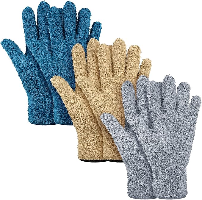 Patelai 3 Pairs Microfiber Plant Dusting Gloves Leaf Cleaning Gloves for Indoor Plants, Blinds, Furniture, House (Medium, Dark Blue, Gray, Khaki)