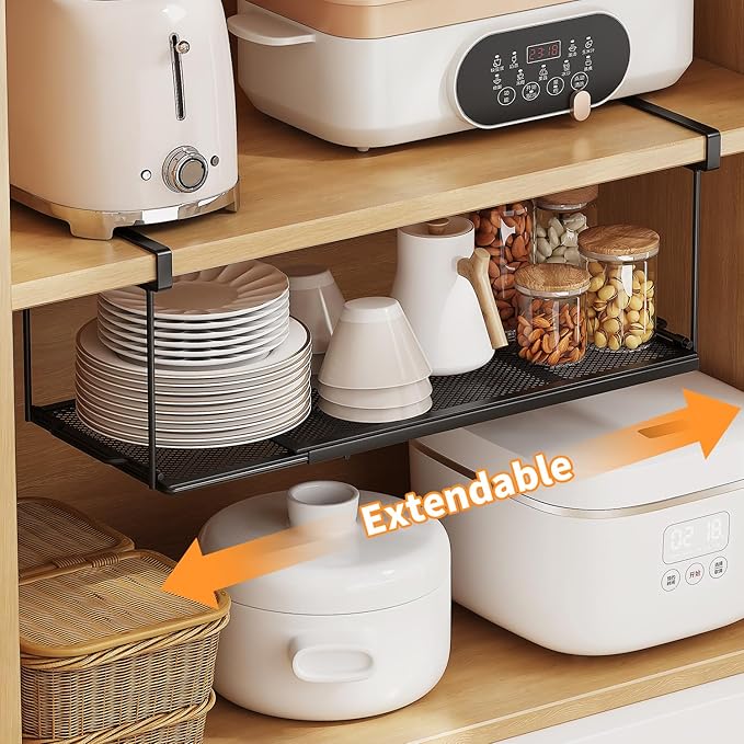 1 Pack Expandable Under Cabinet Shelf, Under Shelf Basket with 0.94 Inches Thick Clips for Kitchen Cupboard, Metal Hanging Under Desk Basket for Laundry Room, Cabinet, Shoe Rack