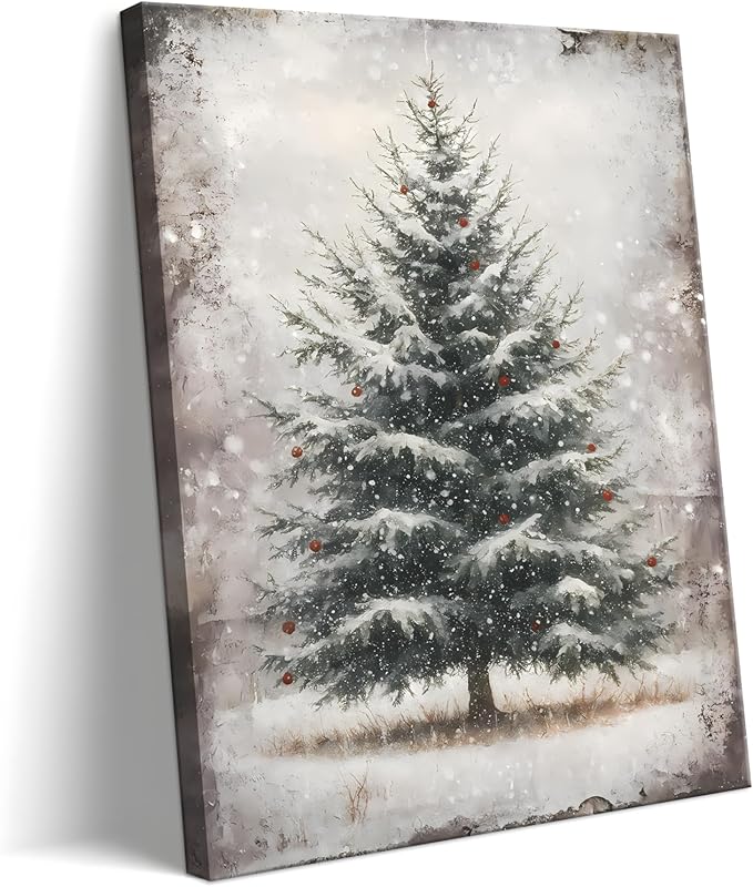 Vintage Christmas Wall Art Framed - Pine Tree Pictures Wall Decor, Winter Navidad Painting Decorations for Home Indoor, Rustic Christmas Canvas Prints, Nostalgic Navidad Decorations 16x124 Inch
