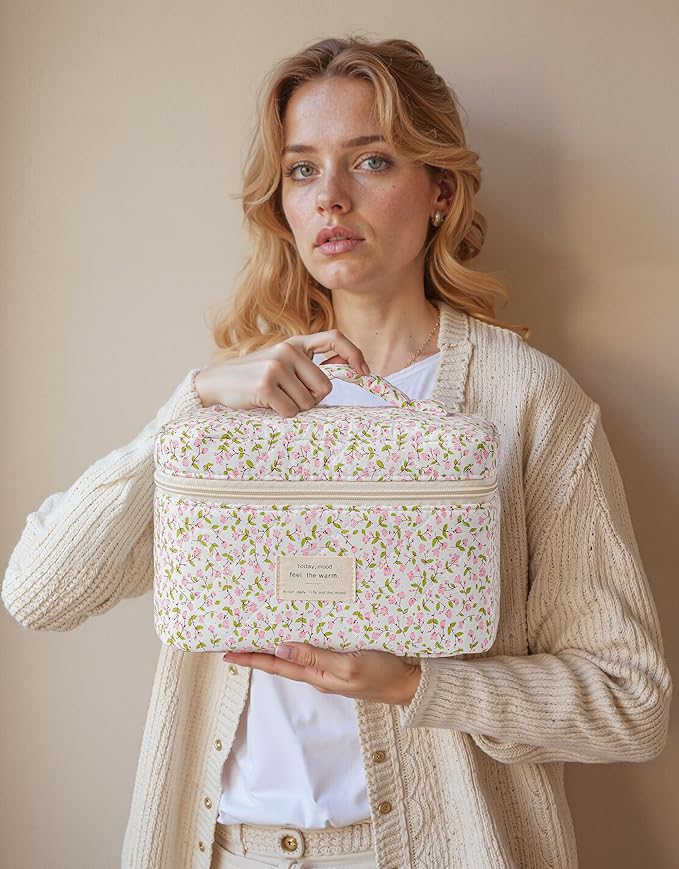 HBselect Quilted Makeup Bag, 3PCS Cotton Large Travel Makeup Bag, Cute Floral Coquette Make up Bag Cosmetic Bag Toiletry Bag for Women Girls