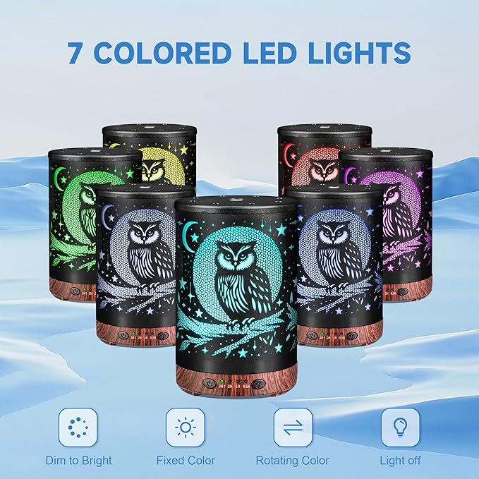Essential Oil Diffuser Metal Aromatherapy Diffuser, Cool Mist Diffuser with 7 Color Lights for Home Office Spa (Owl)