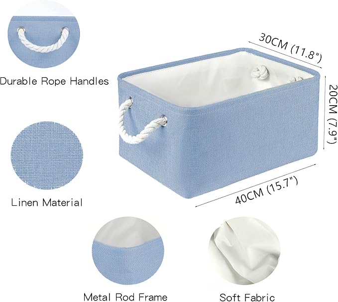Storage Bins with Sturdy Cotton Handles(3 Pack), Fabric Storage Baskets for Organizing use for Office & Home, Book, Clothes, Toys, Closet Boxes (Large, Blue, 15.7x11.8x7.9 inches)