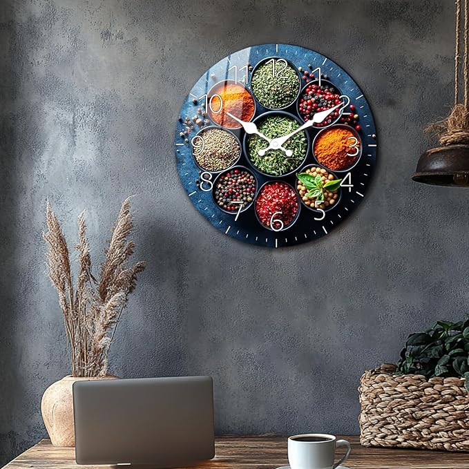 14'' Spice Wall Clock for Kitchen, Vintage Analog Wall Clocks Battery Operated, Wooden Silent Wall-Clock Non Ticking Decorative for Bedroom Living Room & Dining Area Wall Décor