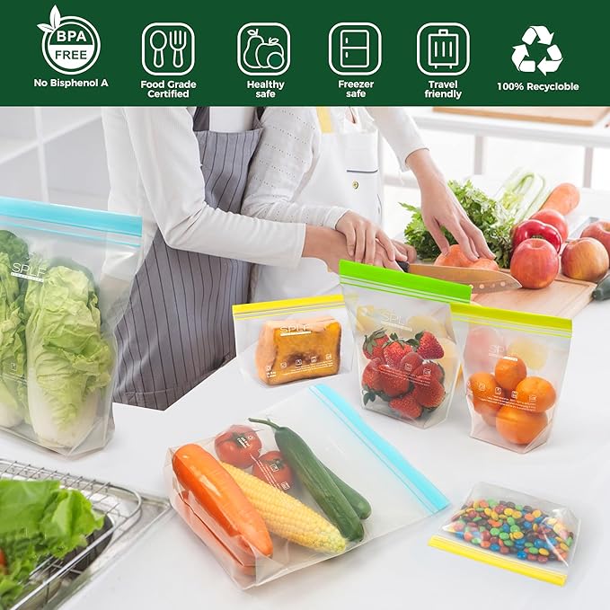 SPLF 12 Pack Reusable 2 Gallon Freezer Bags Dishwasher Safe, Extra Large Reusable Freezer Bags 2 Gallon, Leakproof BPA Free Food Storage Bags for Marinate Meat, Veggies, Homemade Bread, Travel Item