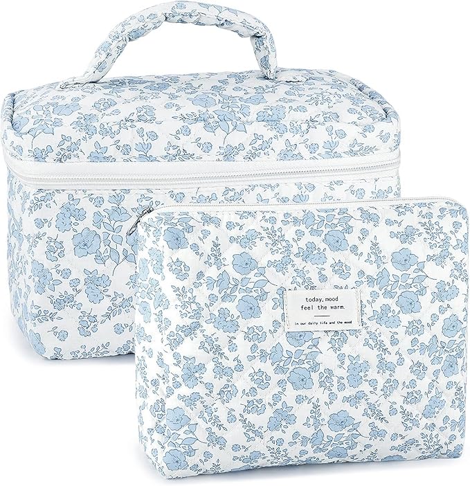 2Pcs Cotton Quilted Makeup Bag for Women Extra Large Small Travel Cosmetic Bag Set Cute Blue Floral Print Makeup Pouch Portable Toiletry Bag Organizer Coquette Vintage Puffy Travel Essential