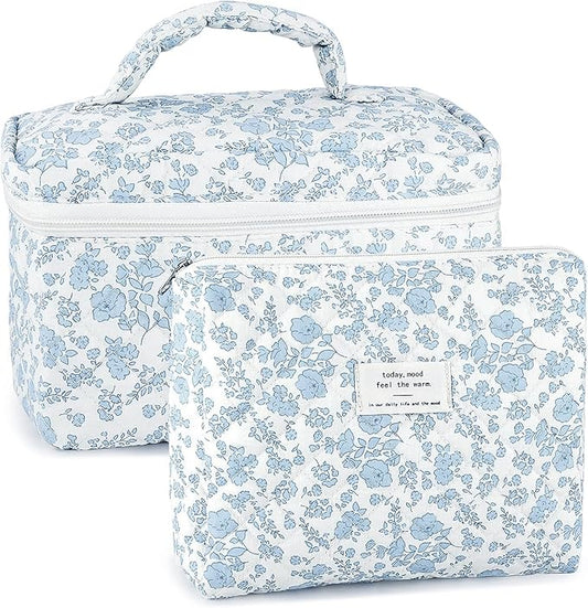 2Pcs Cotton Quilted Makeup Bag for Women Extra Large Small Travel Cosmetic Bag Set Cute Blue Floral Print Makeup Pouch Portable Toiletry Bag Organizer Coquette Vintage Puffy Travel Essential