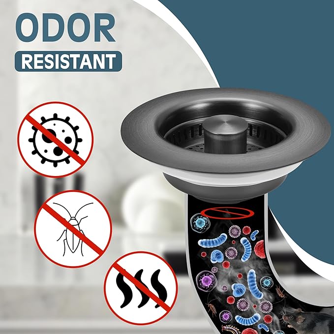 Kitchen Sink Drain Strainer 3 in 1, 304 Stainless Steel Pop Up Sink Stopper, Anti-Clogging Sink Drain Strainer for US Standard Kitchen Drain (Gunmetal Gray)