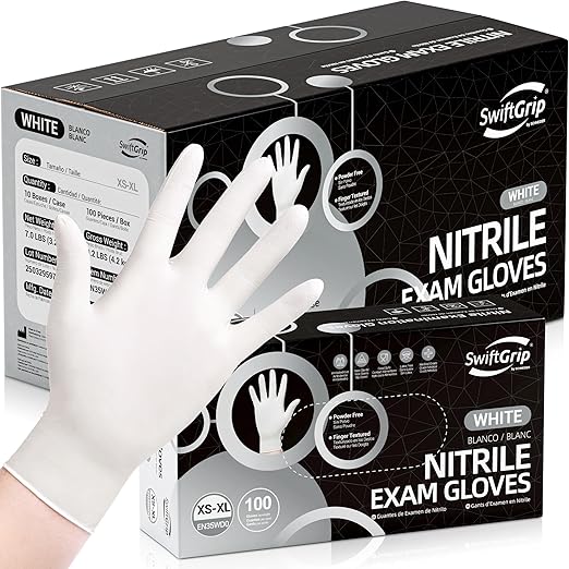SwiftGrip Disposable Nitrile Exam Gloves, 3-mil, XL, Case of 1000, White Nitrile Gloves Disposable Latex Free for Medical, Cleaning, Cooking & Esthetician, Food-Safe, Powder-Free, Non-Sterile