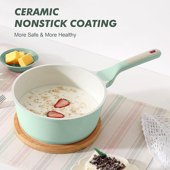 SENSARTE Ceramic Nonstick Saucepan with Lid 1.5 Quarts, Small Kitchen Cooking Pot with Stay Cool Handle, Induction Compatible, Ceramic Coating, Free of Intentionally Added PTFE/PFOA/PFAS, Green