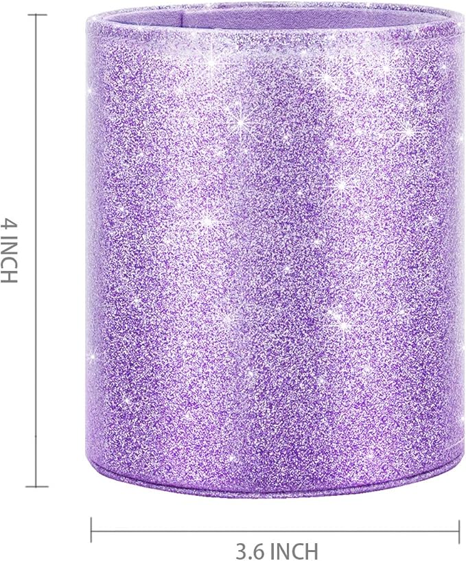 WAVEYU Pen Holder for Women Girls, Pencil Cup Desk Glitter Sturdy Makeup Brush Holder Large Pu Leather Luxury Multi-Functional Organizer Cup for Office, Classroom, Home, Purple