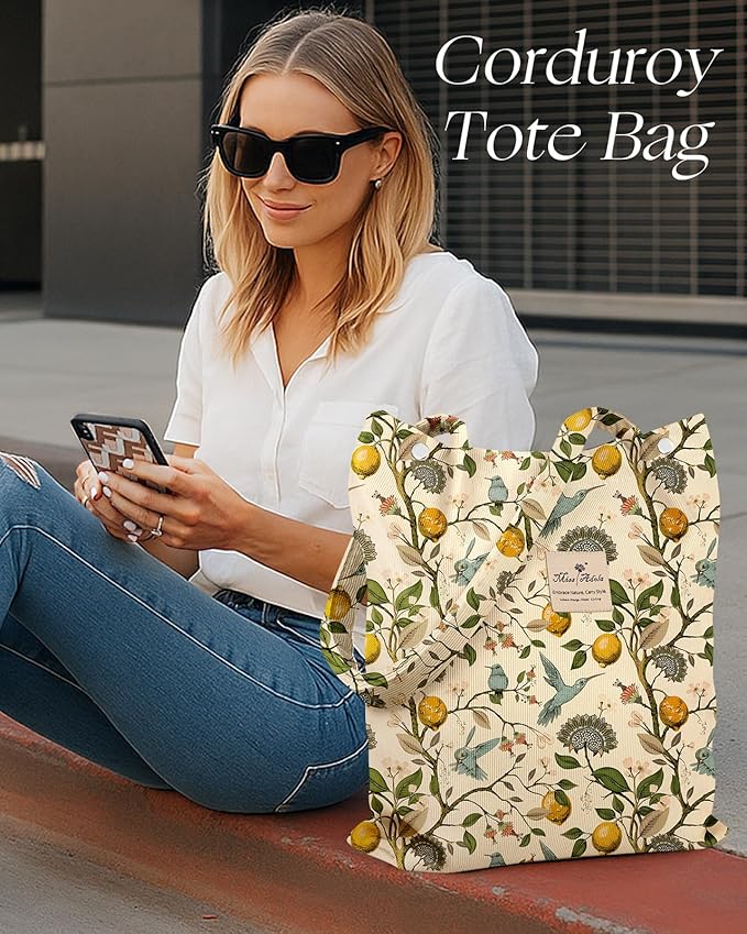 Miss Adola Corduroy Tote Bag for Women - Reusable Totes with Pocket & Buckle Cute Aesthetic Shoulder Bag for Work Travel