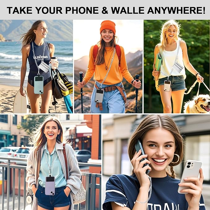 XANGNIER Clip and Go Strap for Phone with Wallet Crossbody, Phone Strap with Zippered Wallet, Adjustable Anti-Theft Cellphone Lanyard for Women, Cellphone Chain Accessories, Chain Silver