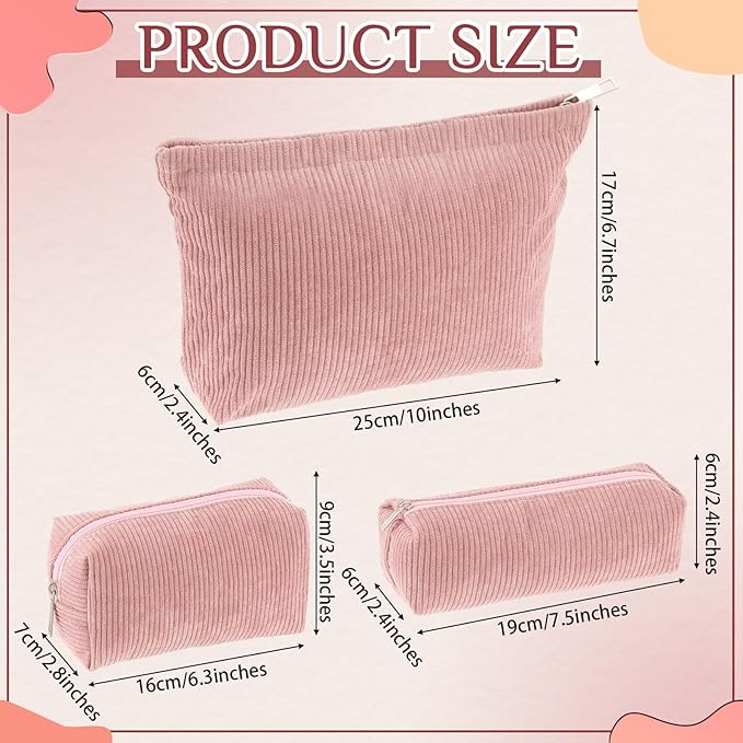 3 Pcs Makeup Bag Set for Women Corduroy Cosmetic Pouch Aesthetic Smile Travel Toiletry Bag Cute Purse Pouch Pencil Case Makeup Brushes Storage Organizer for Christmas(Pink,Solid Style)