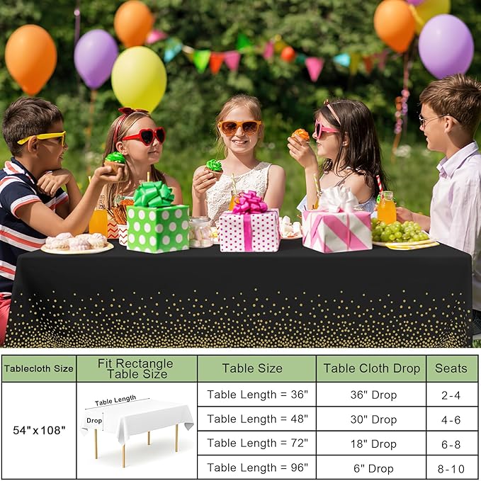 misaya 3 Packs Dot Disposable Table Cloth, 54 x 108 Inch Waterproof Plastic Tablecloth, Rectangle Gold Dots in Black Table Covers for Picnic, Birthday, Party
