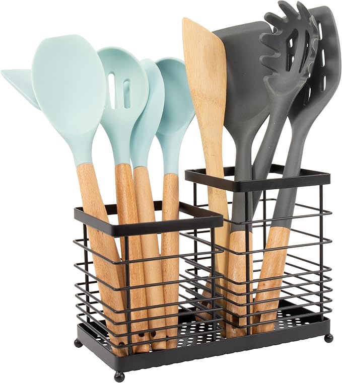 Utensil Holder for Countertop, Stainless Steel Kitchen Holder, 2-In-1 Spoon Spatula Holder for Kitchen Counter, Large Wire Utensils Organizer, Black Cooking Tool Holder Storage Crock (2 Compartment)